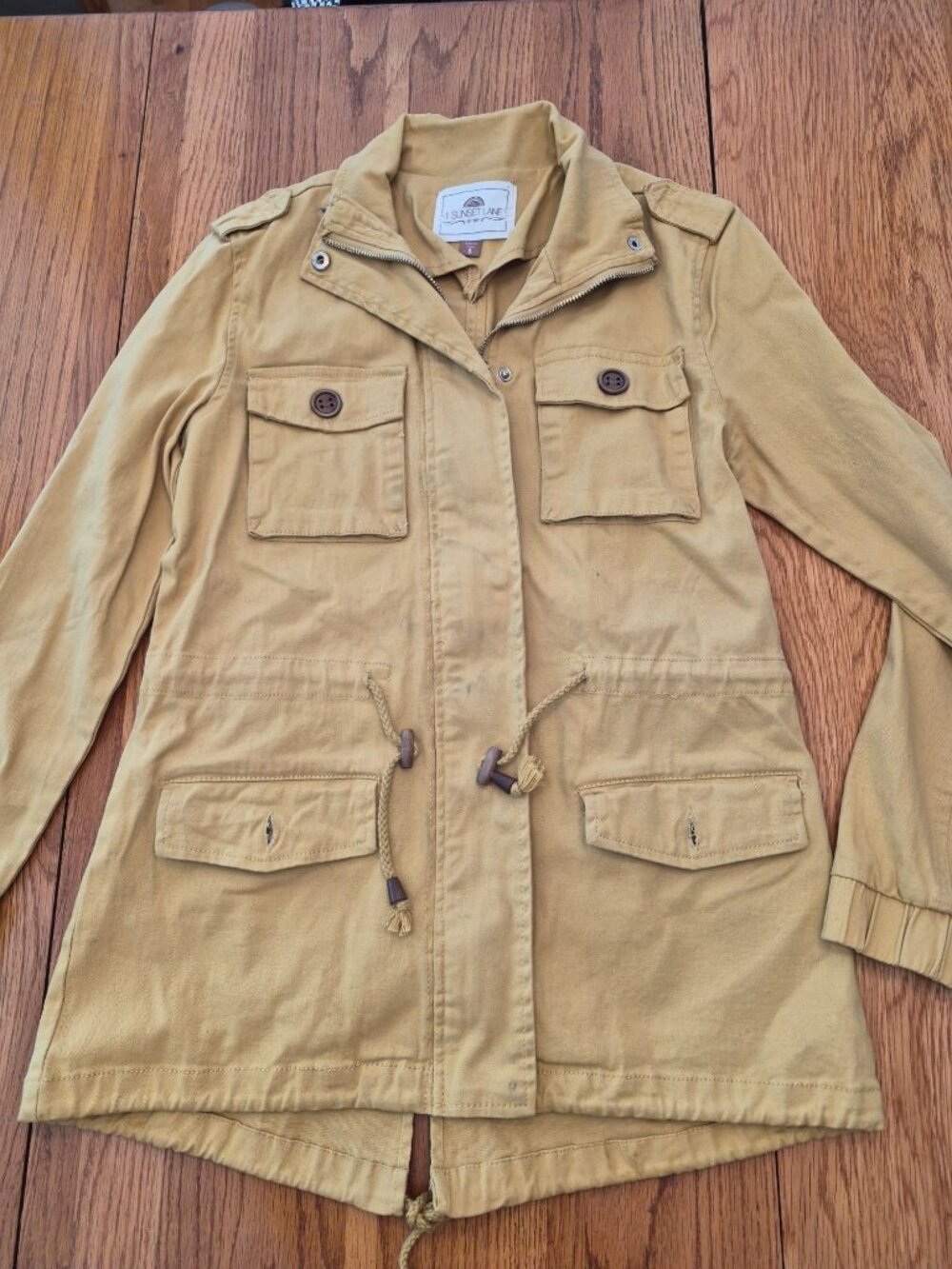 1 Sunset Lane Womens Tan Military-Inspired Jacket Drawstring Waist Button Size S